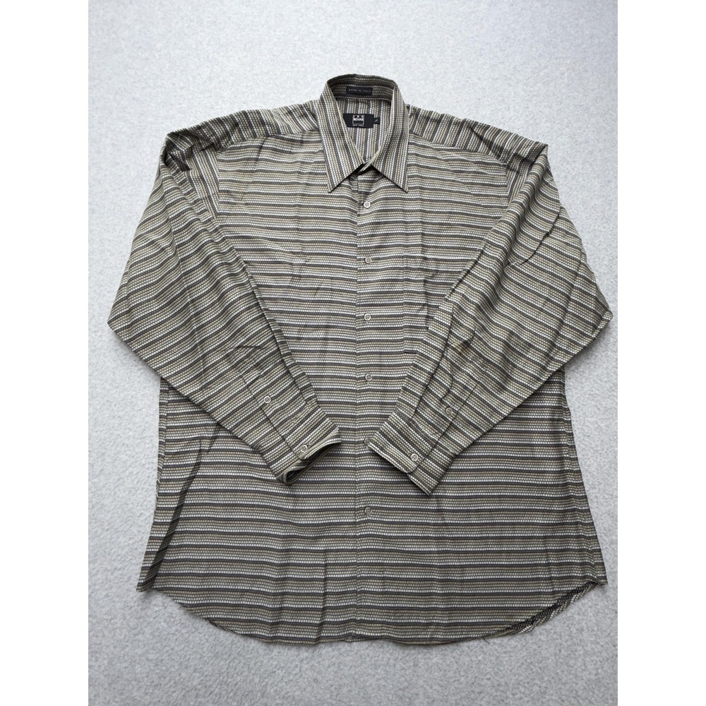 Ike Behar Dress Shirt Mens Large Brown Stripe Cotton Silk Long Sleeve Made Italy